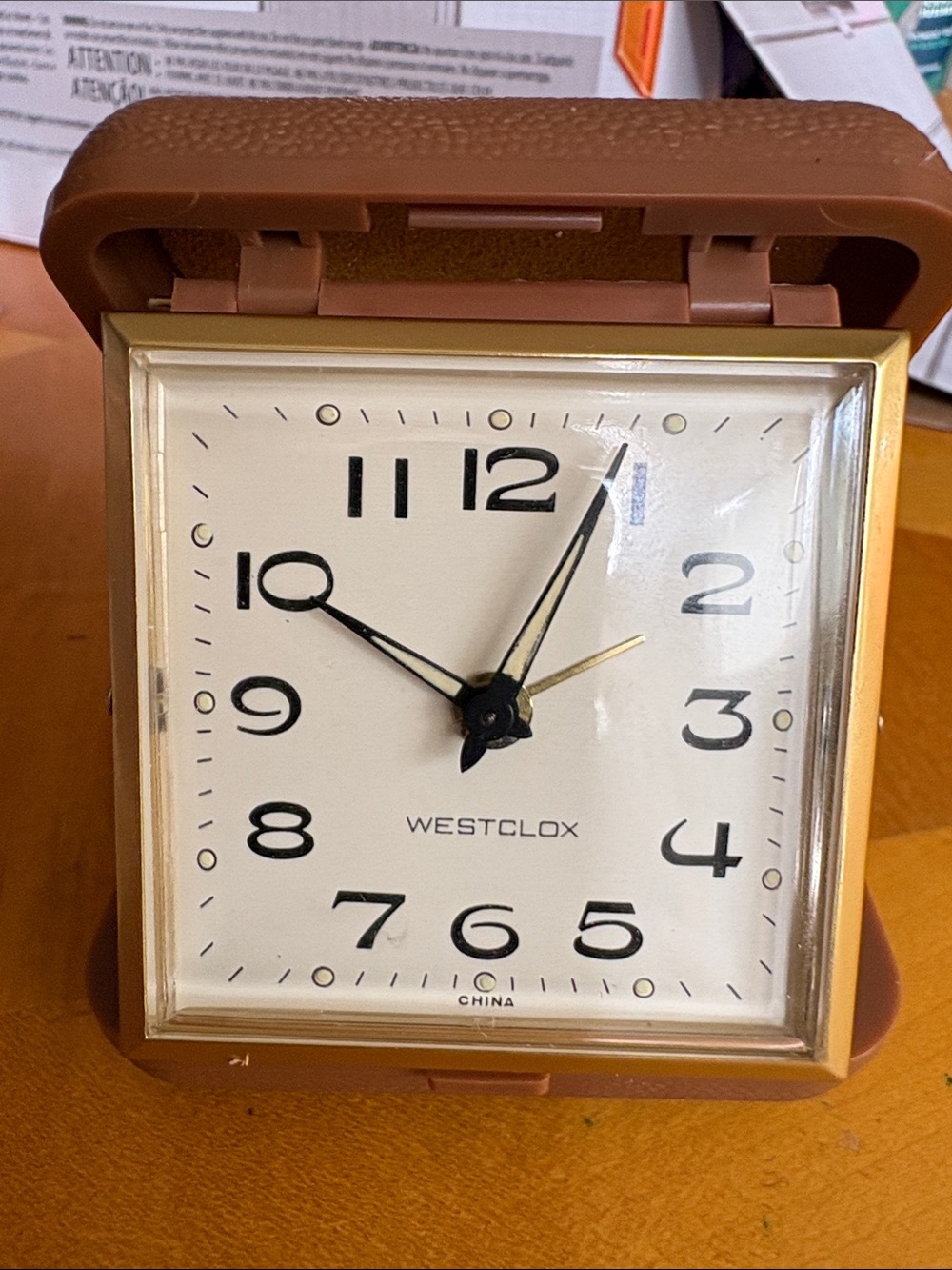 Westclox Brown Travel Alarm Clock with Gold Trim